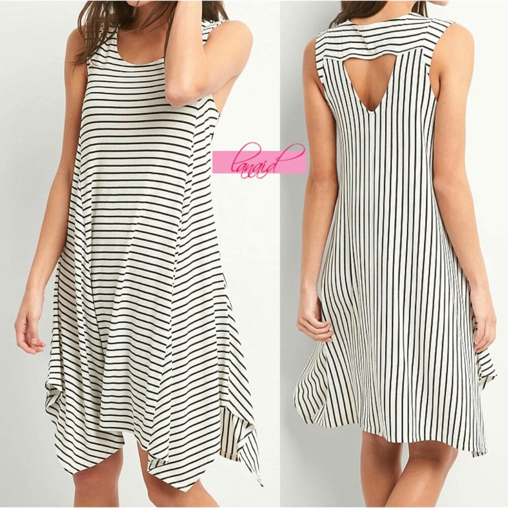 GAP Sleeveless Open-Back Handkerchief Dress Striped Cut-Out Asymmetric Ribbed XS